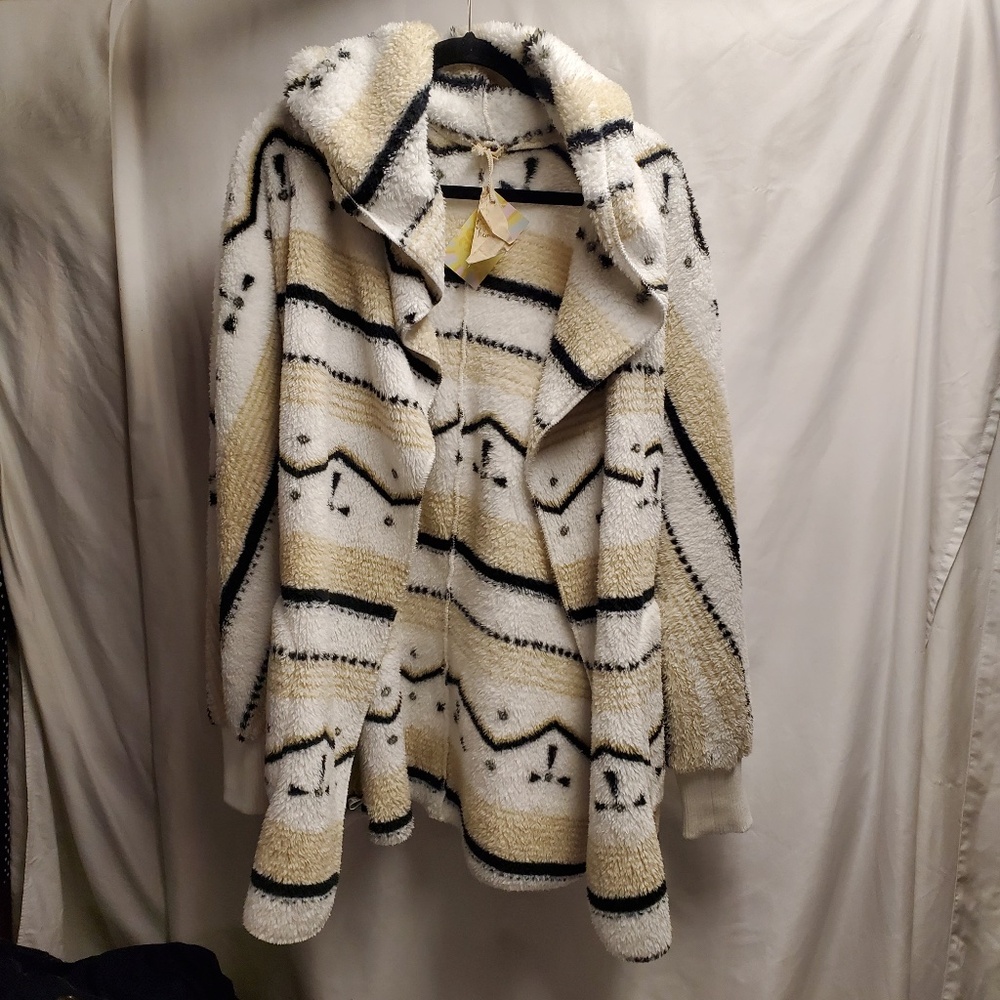 NWT oversized tribal tan white black sherpa bearcoat cardigan jacket striped